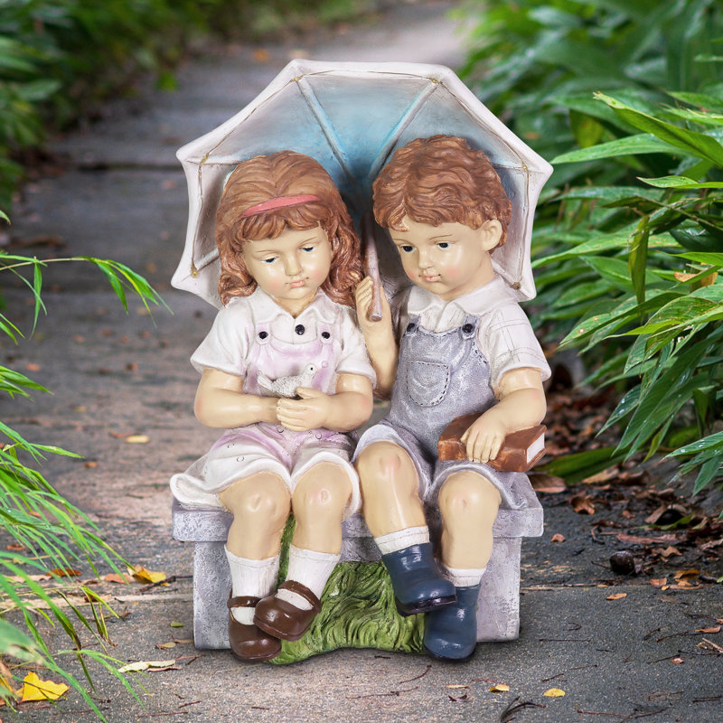 Exhart Solar Boy and Girl with Umbrella Garden Statuary, 17 Inches Tall